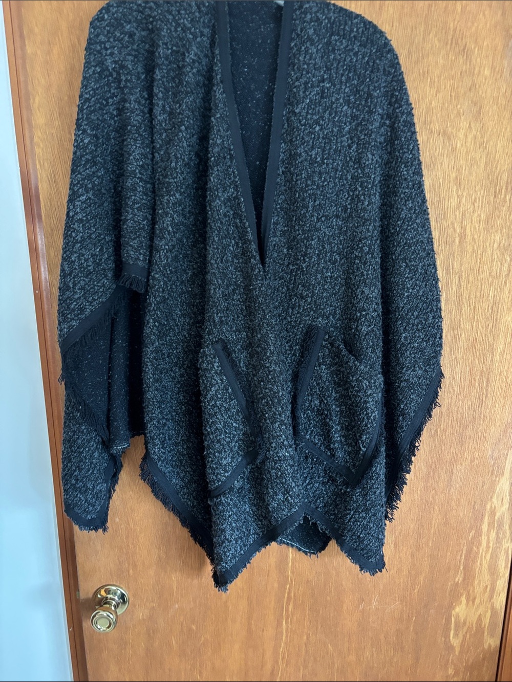 Open-Front Black Bouclé Poncho with Front Pockets